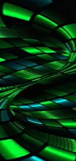 Neon green and blue spiral abstract wallpaper with geometric patterns.