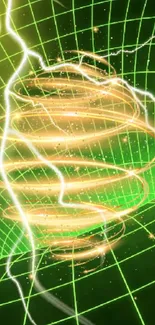 Dynamic neon spiral grid wallpaper with green and yellow hues.