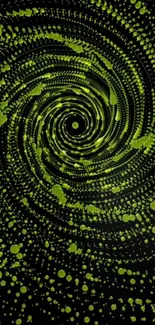 Neon green spiral with dynamic dots on a black background for mobile wallpaper.