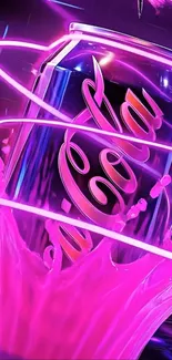 Neon soda can with vibrant pink splash effect.