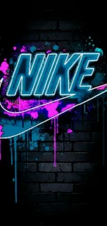 Neon Nike logo with colorful splashes on a dark brick background.