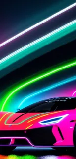 Vibrant neon sports car with glowing lights in motion.