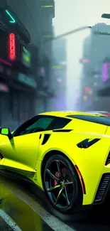 Sleek neon yellow sports car in a futuristic cityscape at night.