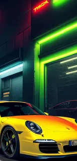 Yellow sports car under neon lights at night on city street.