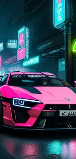 Neon pink sports car under vibrant city lights.