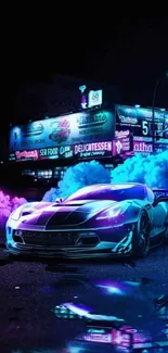 Neon-lit sports car at night in an urban setting with bright city lights.