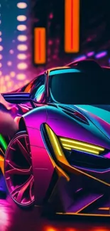 Neon-themed sports car in urban nightscape.