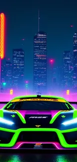 Neon sports car racing through a vibrant cityscape at night.