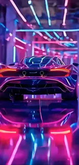 Sleek sports car in a neon-lit futuristic tunnel.