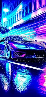 Neon sports car gliding through rainy city street with vibrant lights.
