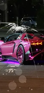 Neon sports car on city street at night.