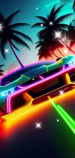 Neon-lit sports car under palm trees in a tropical night scene.