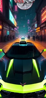 Neon sports car in vibrant urban street at night.