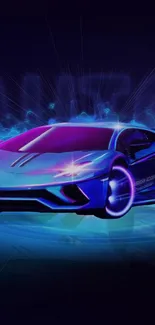 Neon sports car with electric blue highlights and a vibrant glow.