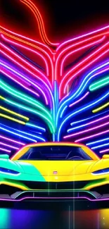 Colorful neon sports car with vibrant lights background.