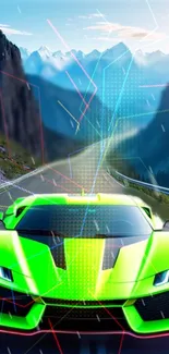 Neon green sports car on mountain road with digital effects.