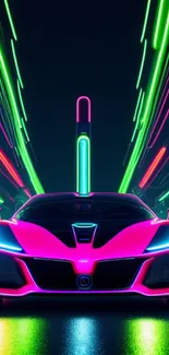 Futuristic neon sports car with vibrant lights in a dynamic design.