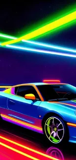 Futuristic neon sports car with vibrant neon lights on a dark background.