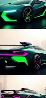 Neon sports car with futuristic style and vibrant colors in a city setting.