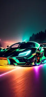 Neon sports car with glowing lights against a dark night background.