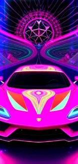 Neon pink sports car with psychedelic design on a futuristic background.