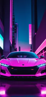 Neon pink sports car in an urban street setting, vibrant and sleek.