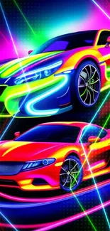 Neon sports cars against a vibrant backdrop.