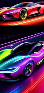 Vibrant neon sports cars on a futuristic track.