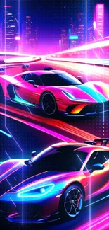 Neon sports cars racing in a cityscape with vibrant lights.