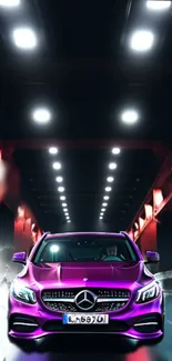 Neon purple sportscar under glowing urban lights.