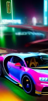 Neon sportscar with vibrant colors driving at night.