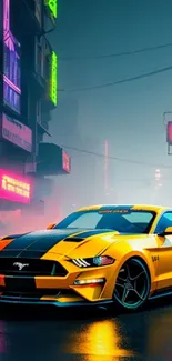 Neon-lit yellow sportscar on vibrant city street at night.