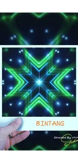 Neon kaleidoscope wallpaper with star patterns in blue and green.