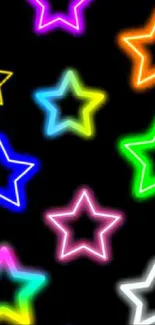 Vibrant neon stars on a black background wallpaper.