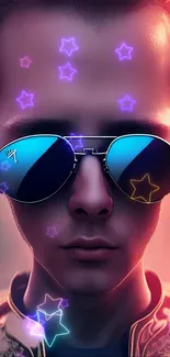 Stylish neon portrait with sunglasses and star reflections.