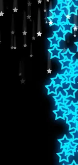 Mobile wallpaper with glowing blue stars on a black background.