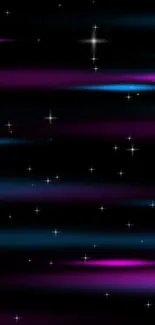 Vibrant neon wallpaper with stars and purple-blue streaks on a black background.