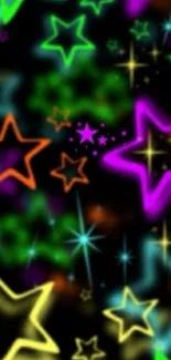 Vibrant neon stars on black background wallpaper.