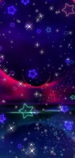 Vibrant neon starry night wallpaper with cosmic hues.