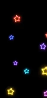 Neon-colored stars glow vibrantly on a black background.