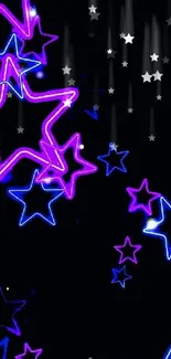 Neon pink and blue stars on a black background phone wallpaper.