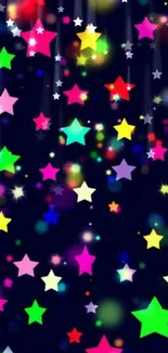 Vibrant neon starry night wallpaper with colorful glowing stars.