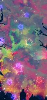 Vibrant neon starry sky with silhouetted trees and colorful cosmic patterns.