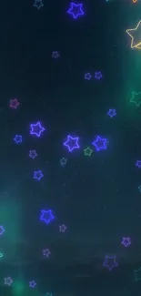 Neon stars on a dark blue sky wallpaper with glowing colors.