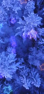 Snowy forest with neon stars glowing brightly.