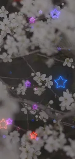 Mobile wallpaper with neon stars and white blossoms.