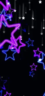 Vibrant neon stars on a dark background.