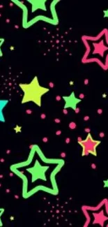 Neon stars pattern on black background wallpaper.