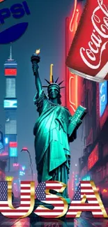 Neon-lit Statue of Liberty with USA text.