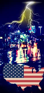 Neon cityscape with lightning and USA map.